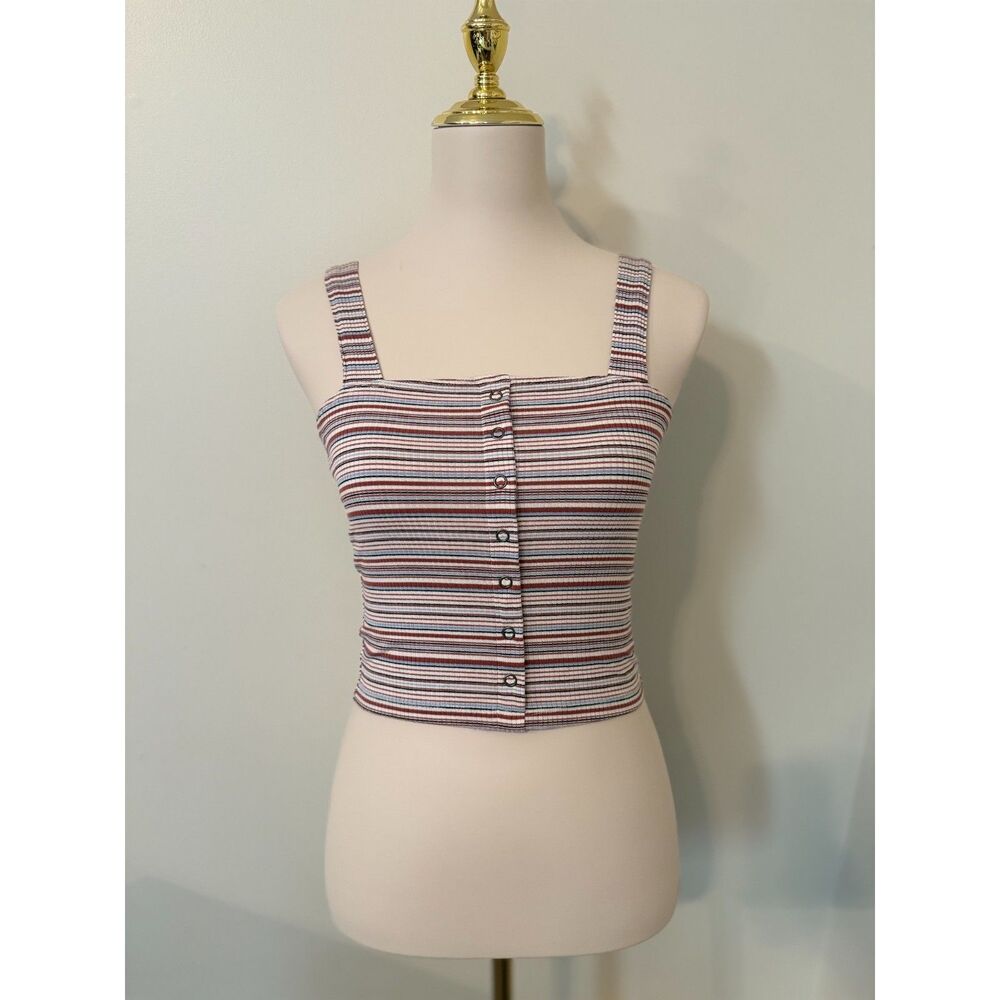 American Eagle Soft & Sexy Striped Ribbed Button Front Crop Tank Top XS